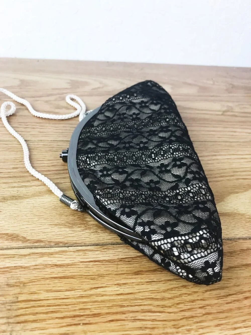 Ken Lady Black Lace Evening Clutch – Champagne Satin, Gunmetal Frame & Cord Stra